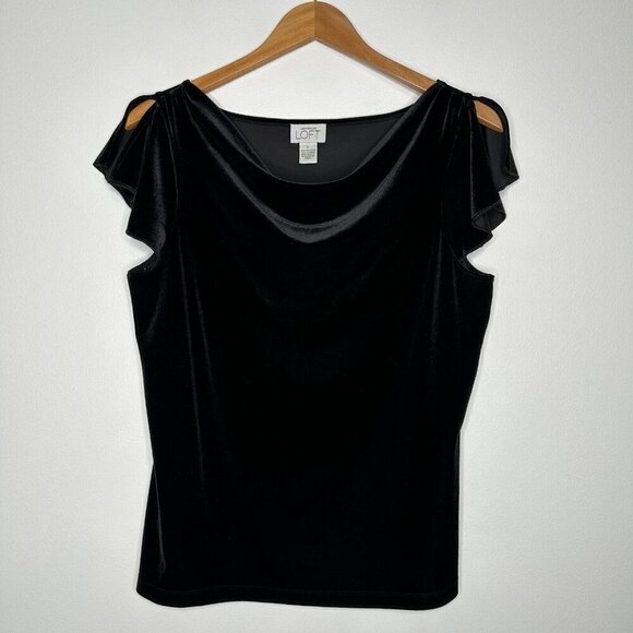 Vtg Ann Taylor Loft Cowl Neck Blouse Size L Velvet Black Flutter Sleeve - Picture 1 of 8